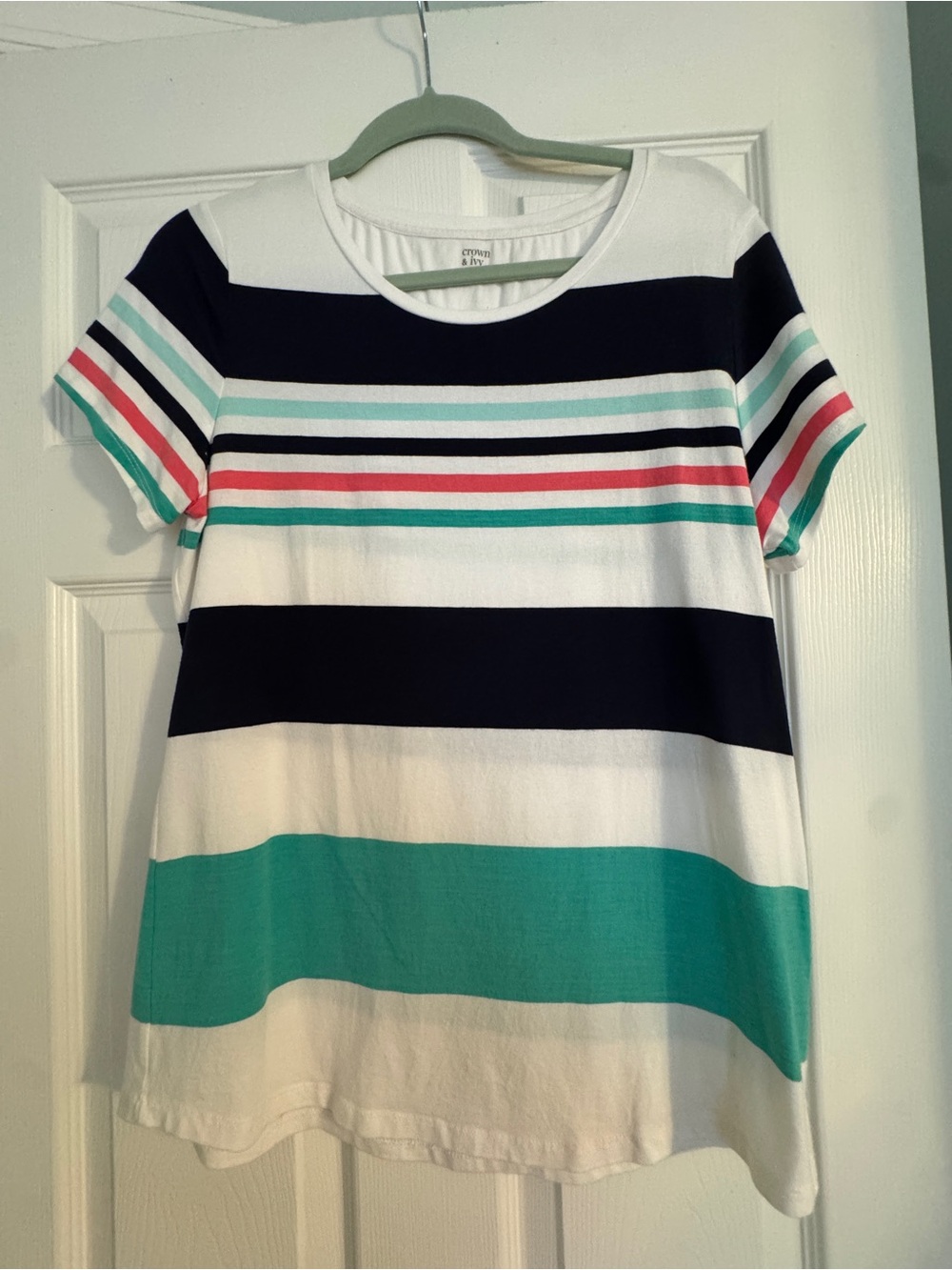 crown & ivy White Tee with Navy, Teal & Coral Stripes